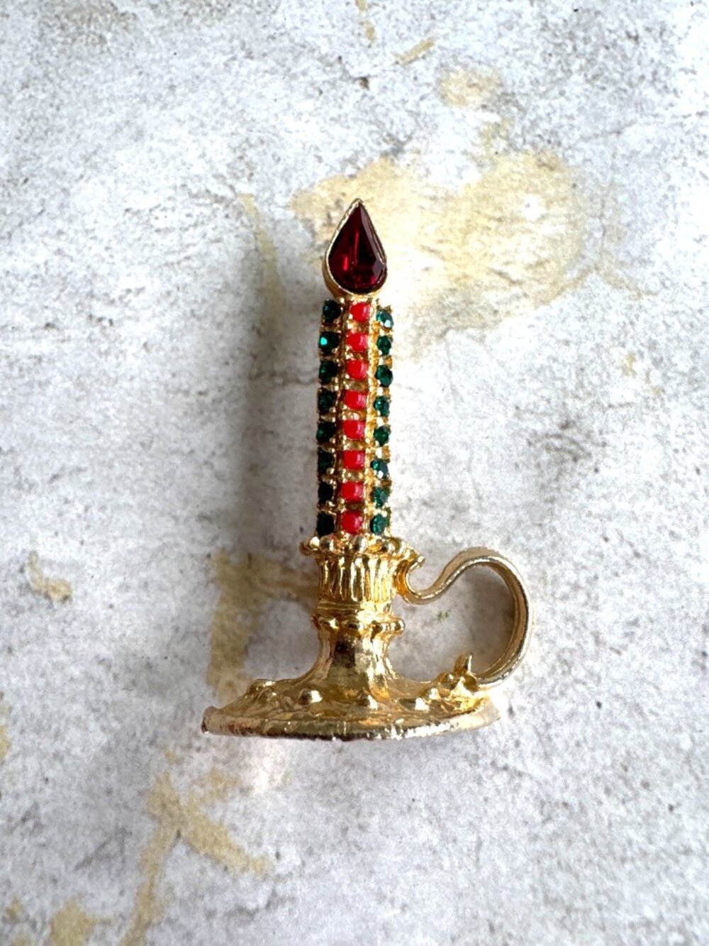Vintage Candle Christmas Holiday Brooch Pin with Red Green Stones